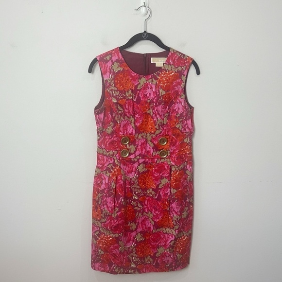Michael Kors Floral Sleeveless Dress Red Pink Wine Gold Metal Buttons Sheath - Picture 1 of 7